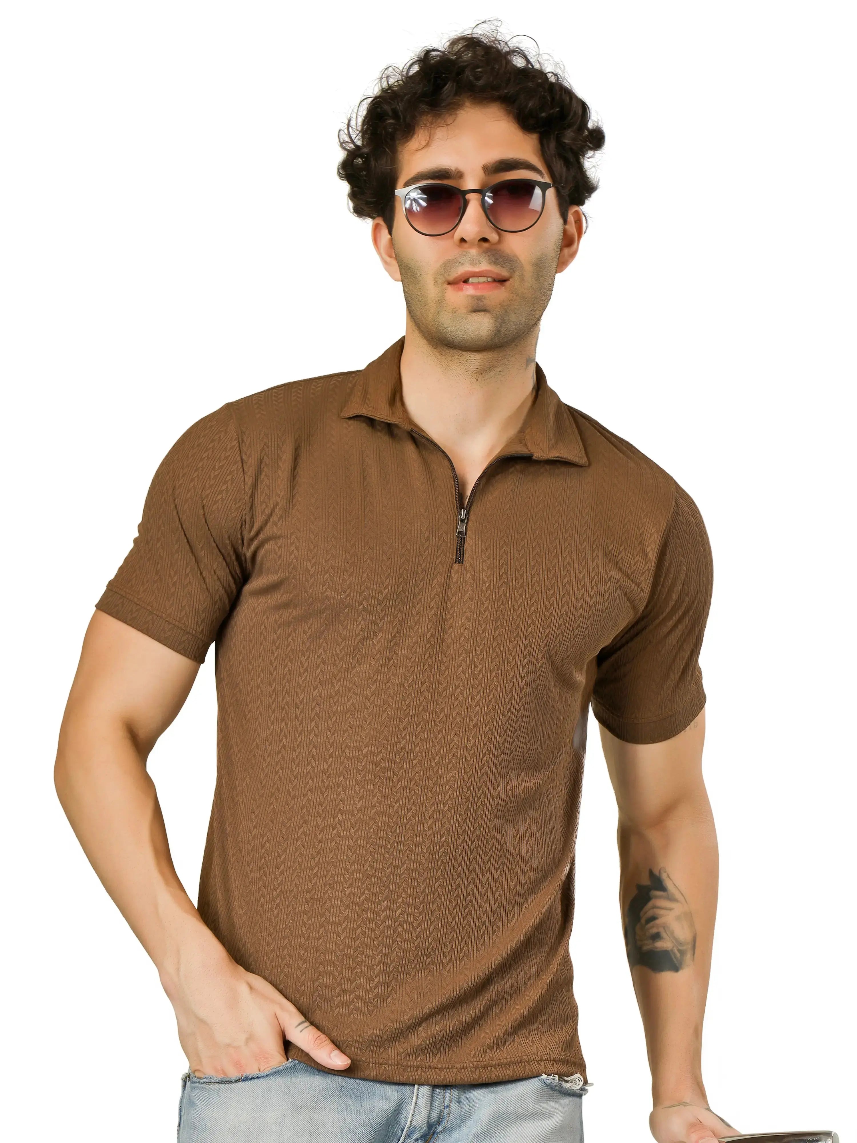 BlueFicus  Men Solid Polo Neck Polyester Beige T-Shirt Blueficus